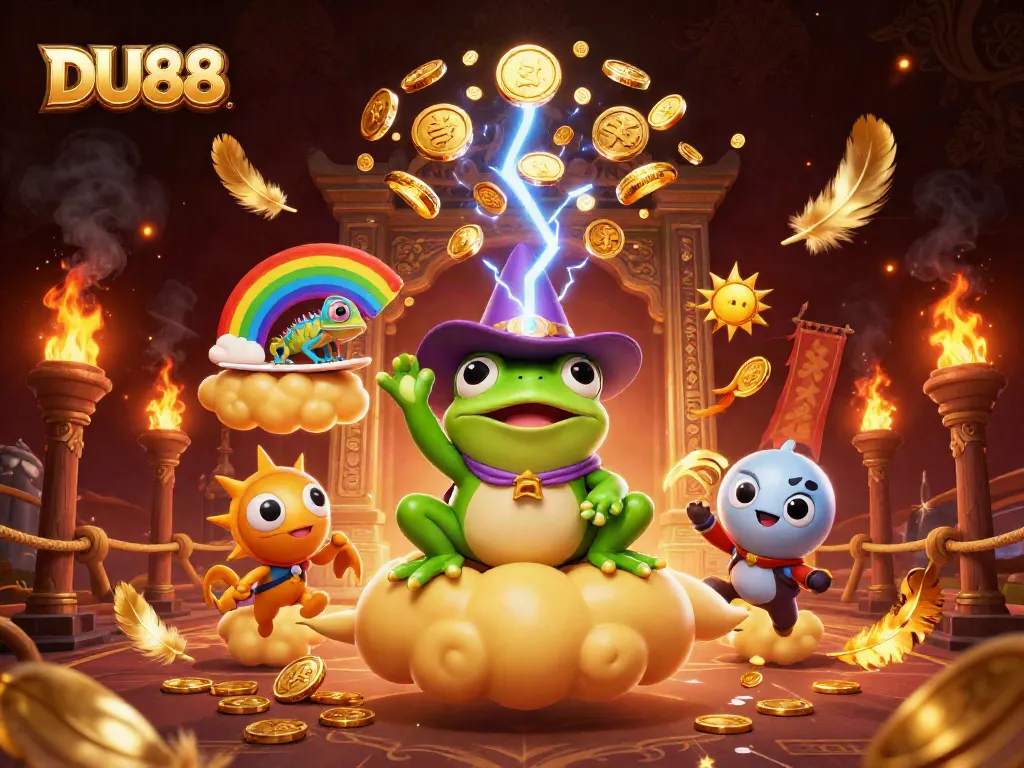 Experience DU88’s thrilling casino magic with a colorful storm of golden coins and festive characters.