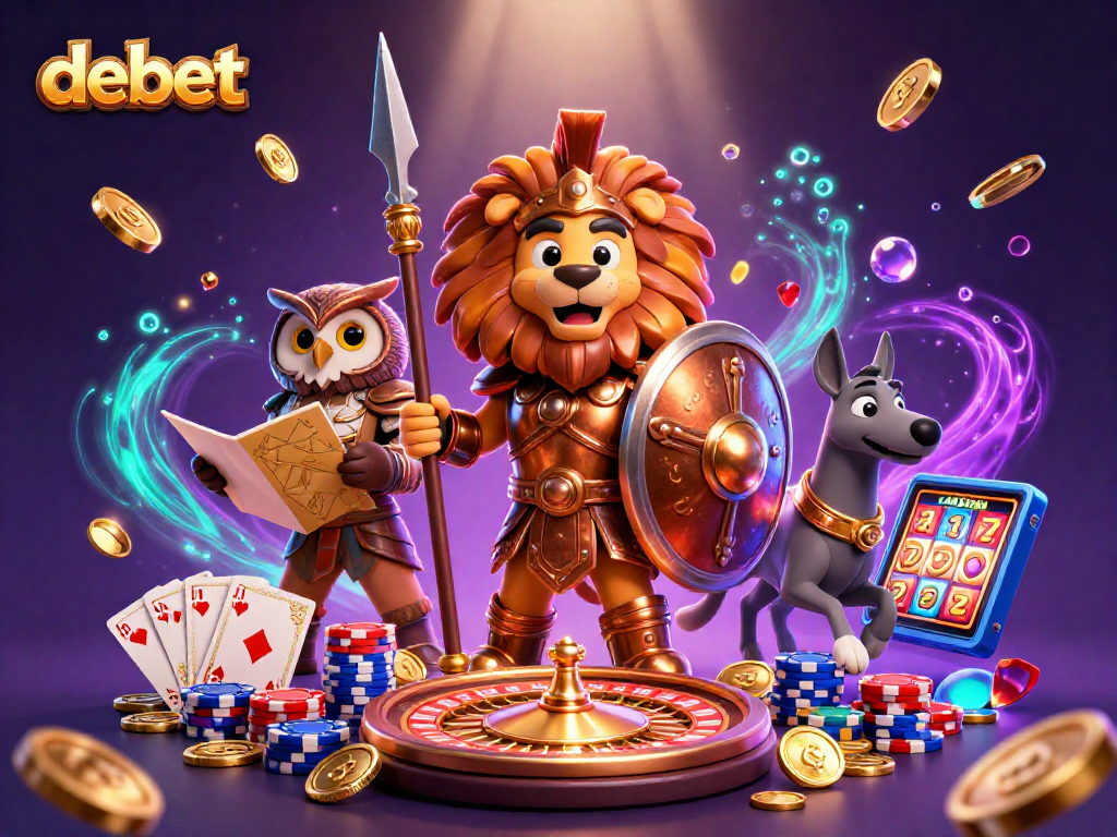 Engage in thrilling gameplay at debet with a Spartan lion, owl strategist, and a swift greyhound surrounded by coins and casino elements.