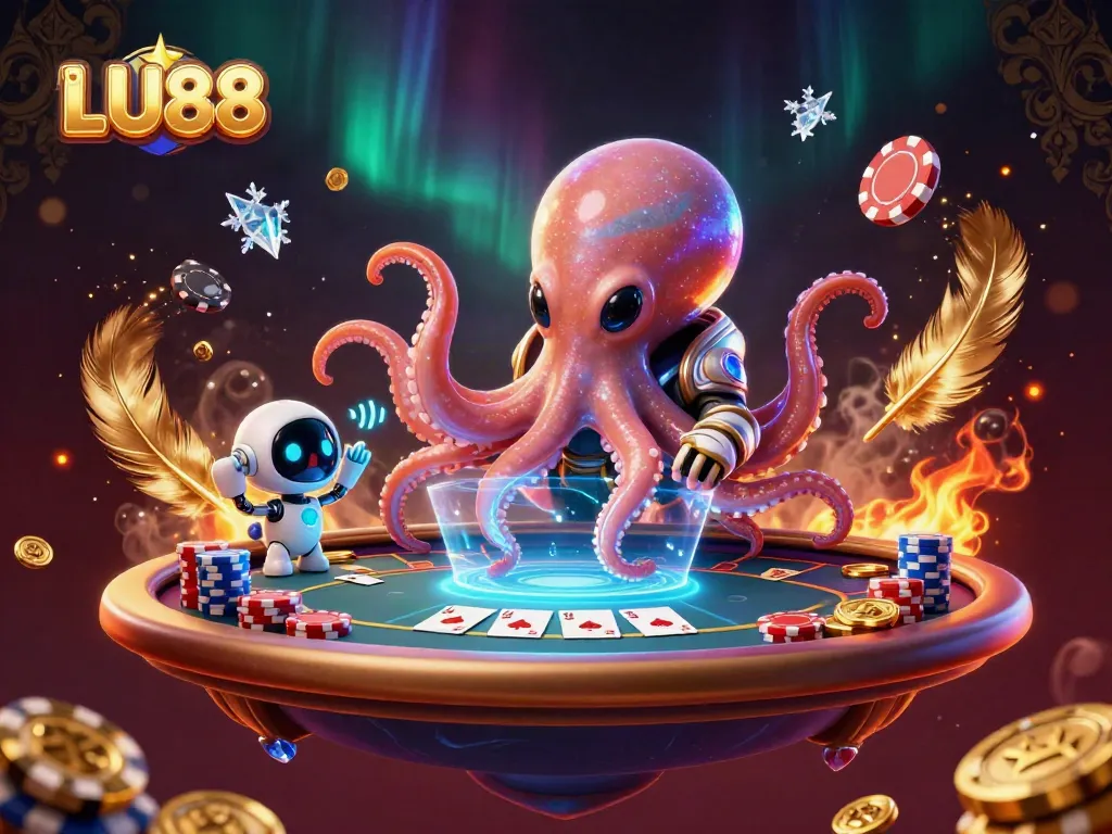 Engage in exciting poker gameplay at LU88 with an alien octopus dealer and vibrant casino elements.