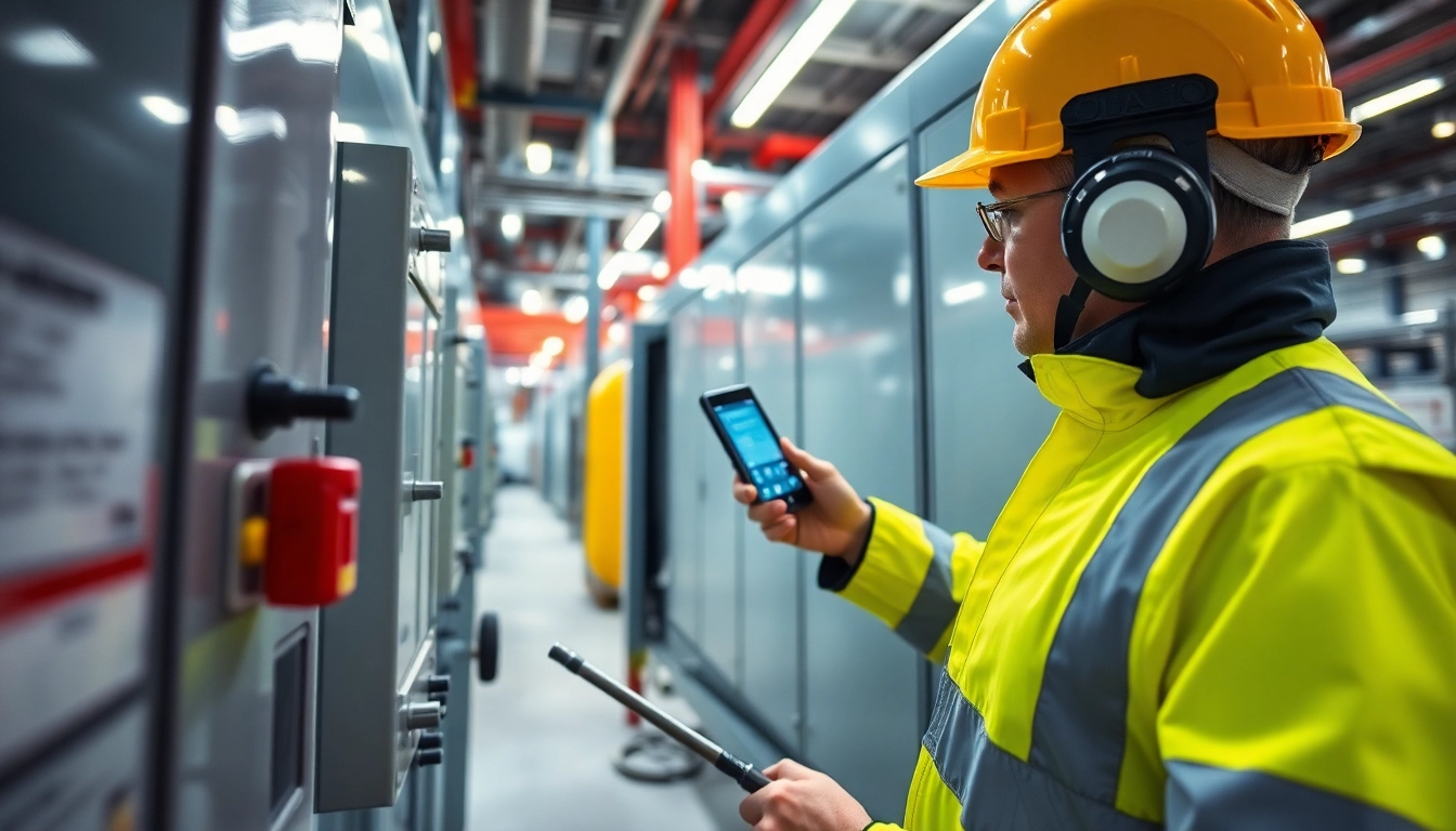 Technician performing a DGUV V3 Prüfung on electrical equipment, showcasing safety measures.