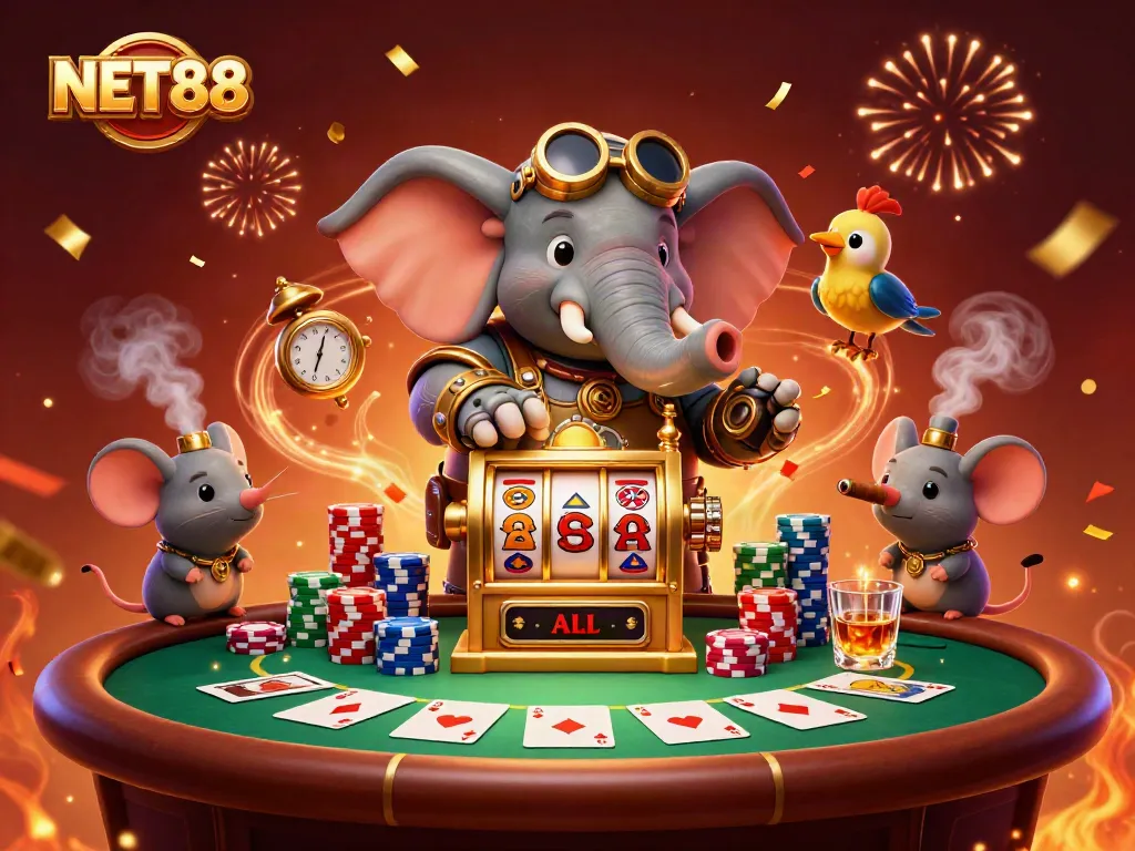 Experience thrilling gameplay with NET88's vibrant 3D casino illustration showcasing steampunk characters and dynamic elements.