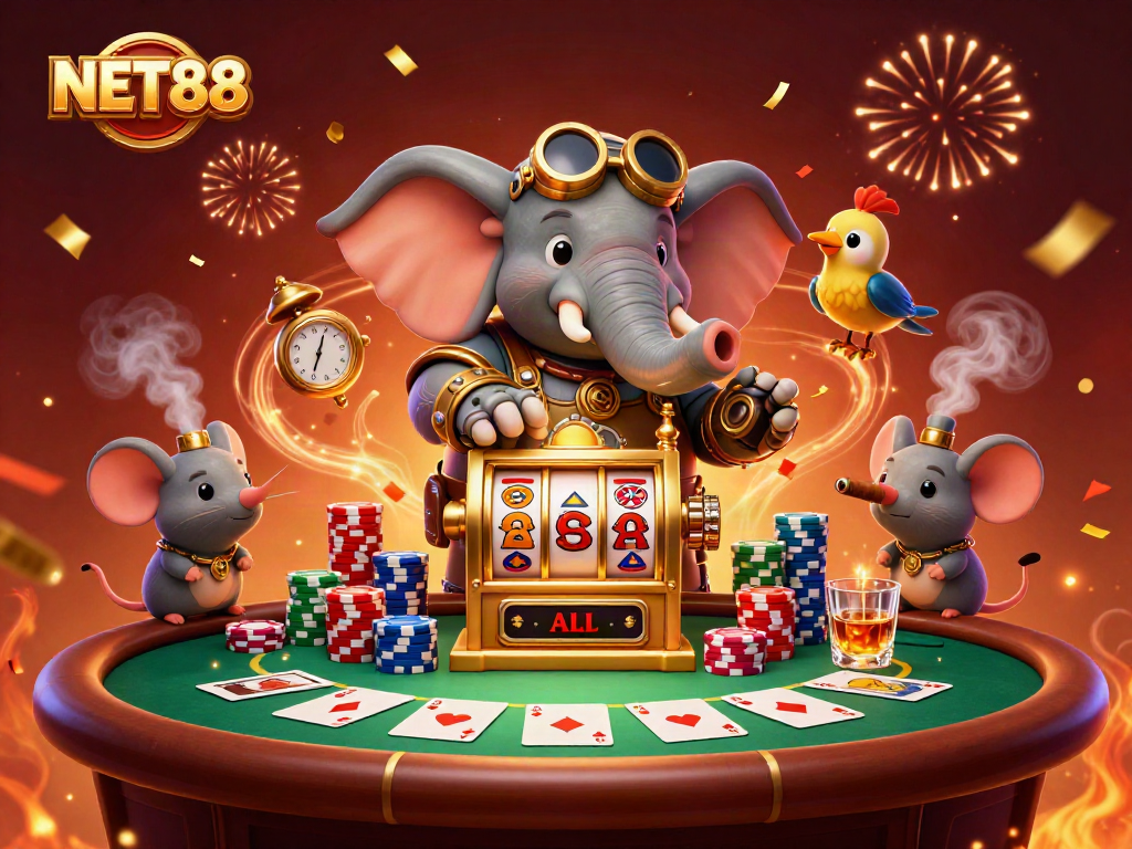 Experience thrilling gameplay with NET88's vibrant 3D casino illustration showcasing steampunk characters and dynamic elements.