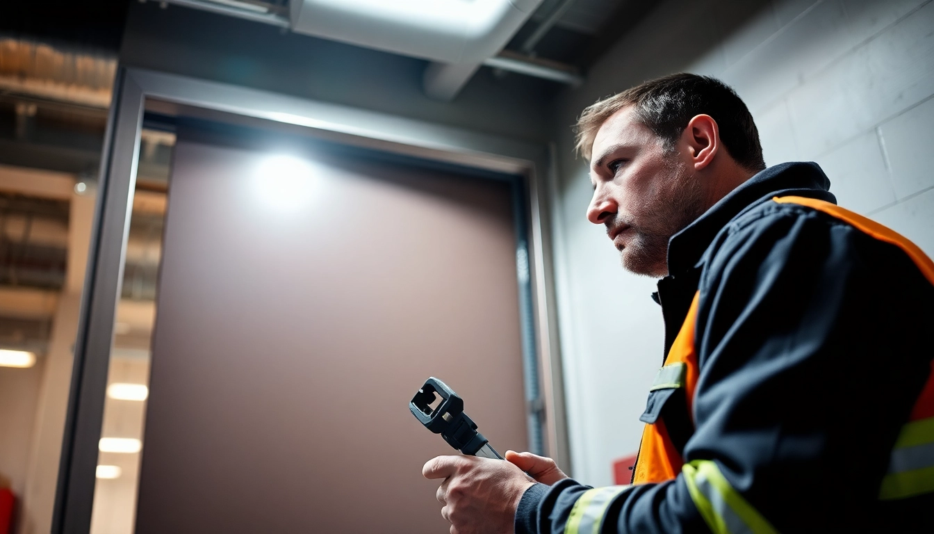 Technician performing Prüfung Brandschutztüren in a commercial setting, ensuring safety standards.