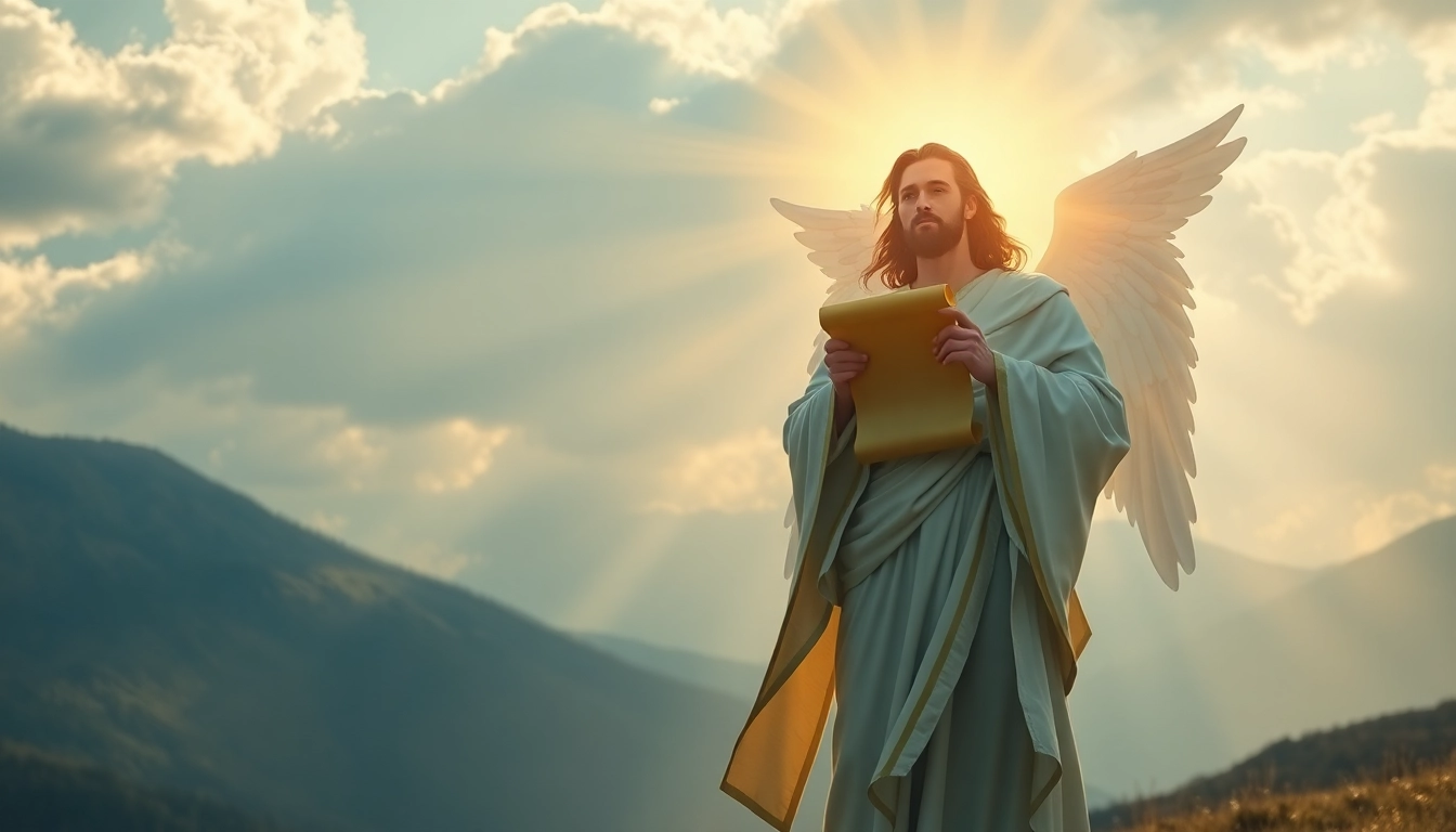 Erzengel Uriel strahlend dargestellt mit himmlischem Licht und majestätischen Bergen.