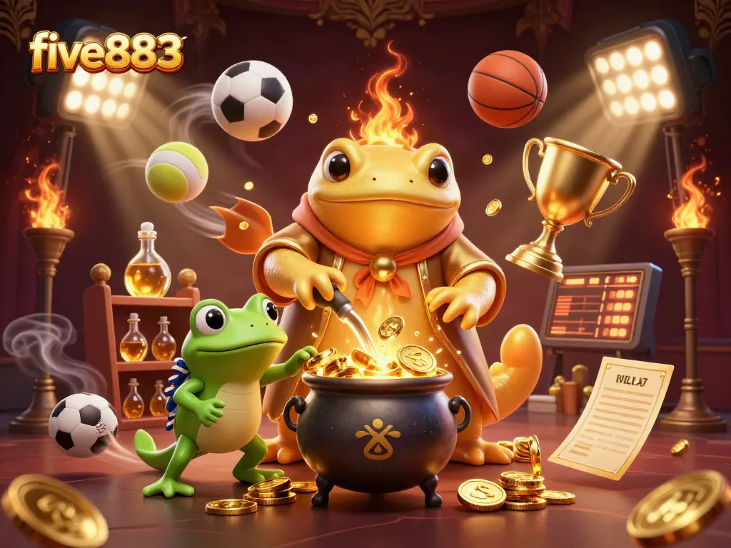 Win big with five883, featuring a giant salamander transmuting gold, and dynamic sports elements around.