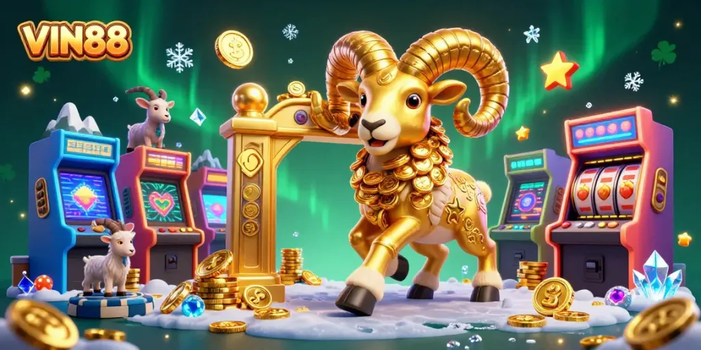 Play exciting slots at VIN88 with a golden ram mascot and vibrant gaming elements