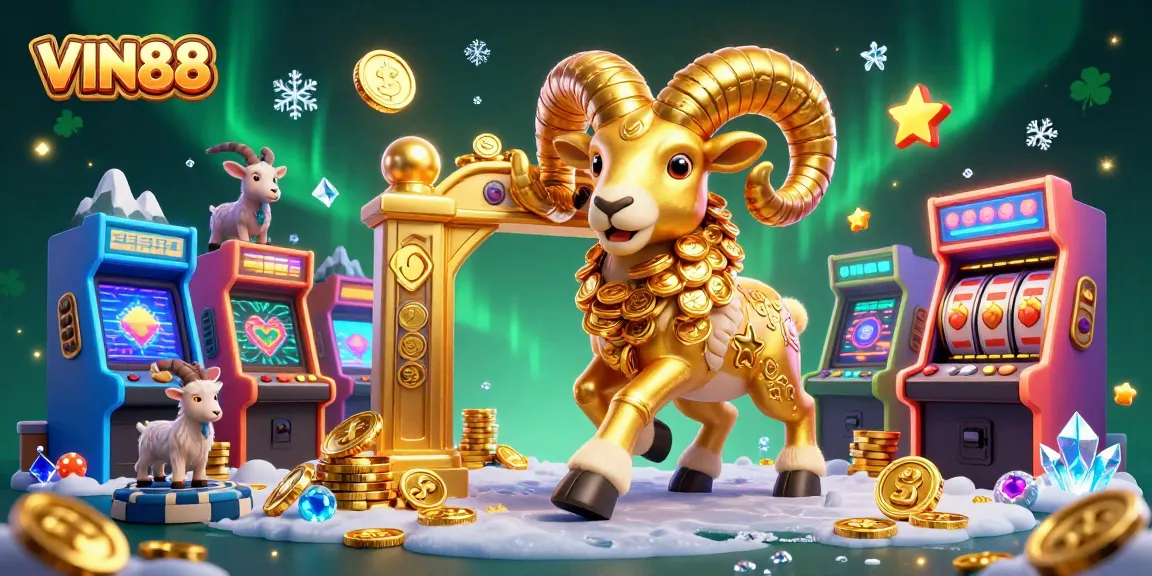Play exciting slots at VIN88 with a golden ram mascot and vibrant gaming elements