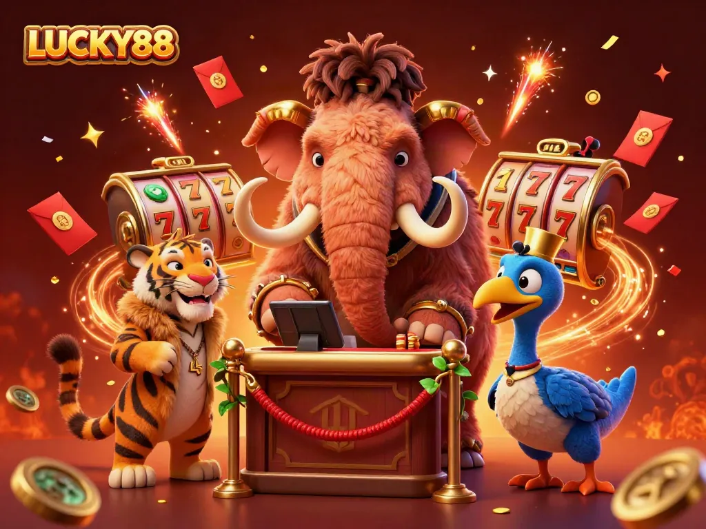 Spin and win with LUCKY88 as the woolly mammoth checks IDs at a vibrant casino scene.