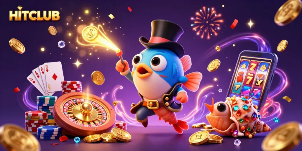 HITCLUB offers a thrilling adventure with vibrant characters amidst cascading coins and exciting gaming elements.