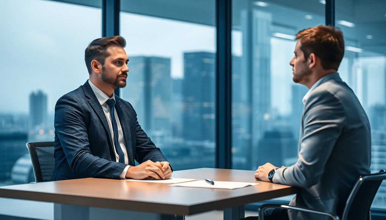 Headhunter Essen führt ein professionelles Gespräch mit einem Klienten in einem modernen Büro.