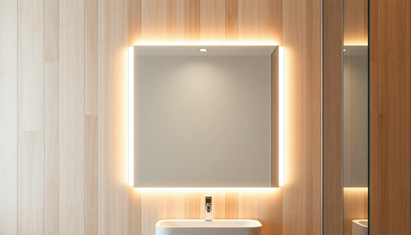 Stellen Sie den eleganten Spiegelschrank mit LED-Beleuchtung im modernen Badezimmer dar, das harmonisch in die stilvolle Umgebung integriert ist.