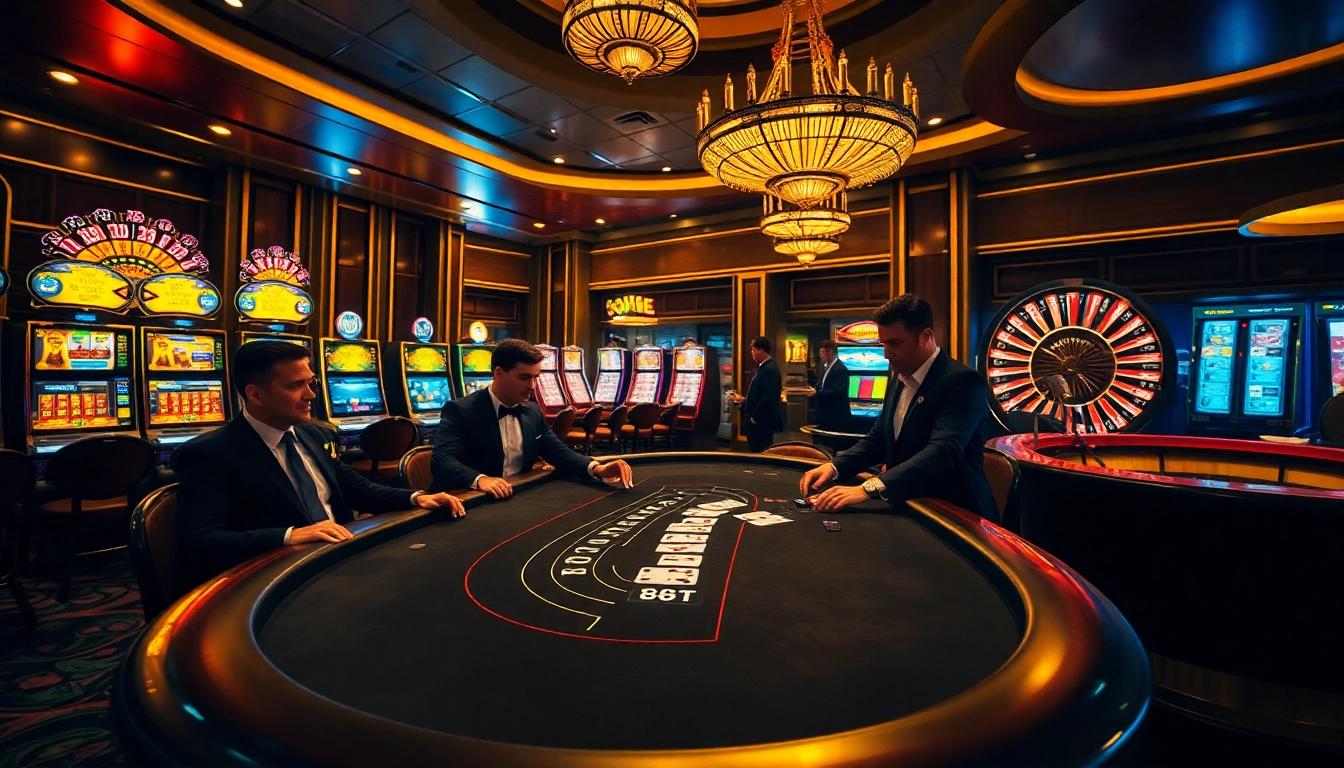 Experience the thrill of 88i bet at a luxurious casino with vibrant tables and flashing slot machines.