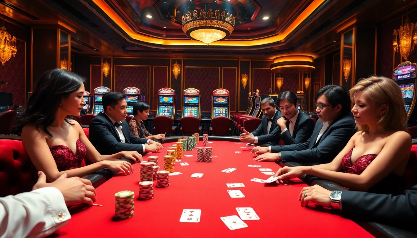 Players engaging in a thrilling poker game at https://rikvip.bz/, showcasing excitement and luxury.