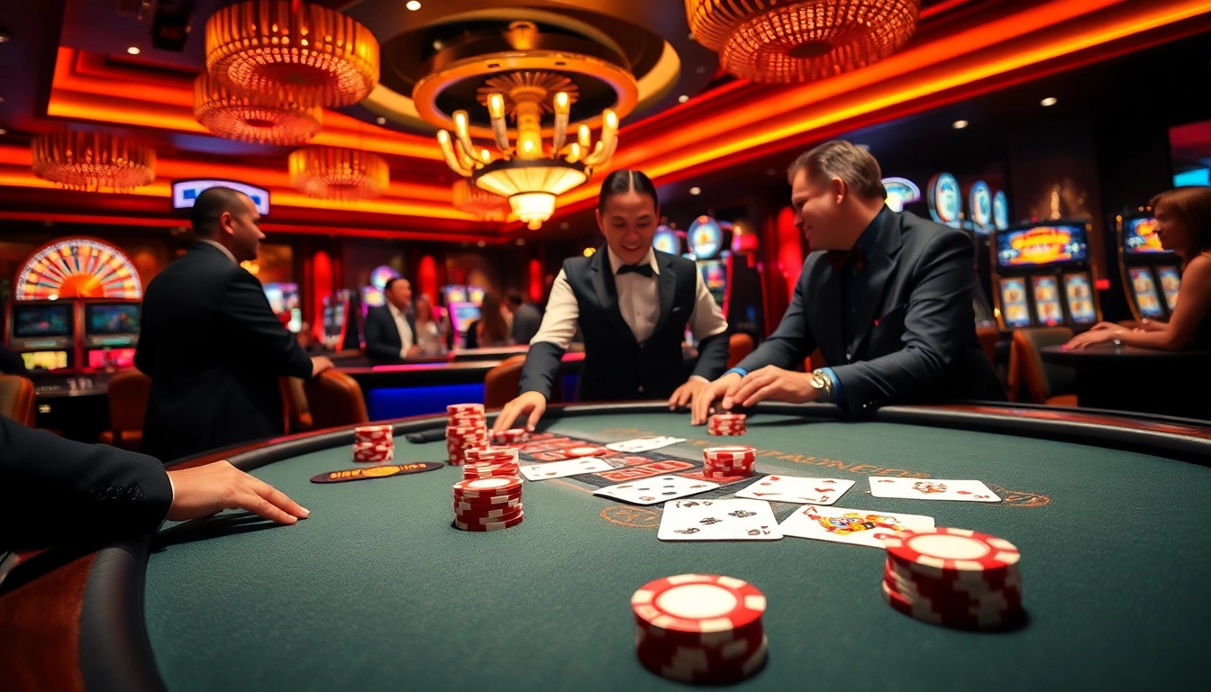 SODO66 poker game in a luxurious casino setting with players, cards, and chips.