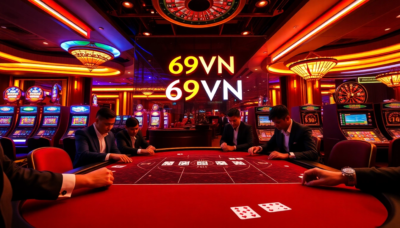 Experience the thrill of gambling with 69VN at a luxurious poker table filled with excited players.