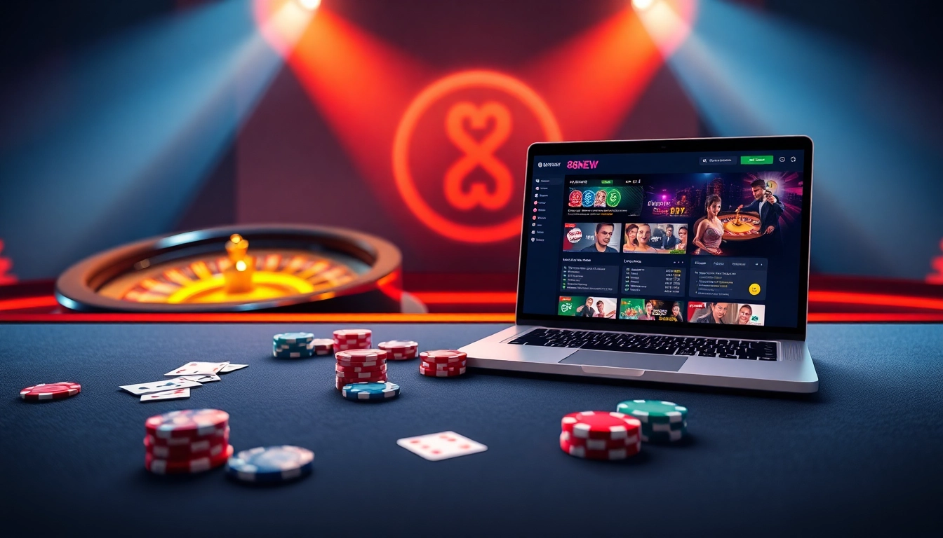 Experience the excitement of online gambling with 888NEW at a luxurious casino table filled with poker chips.