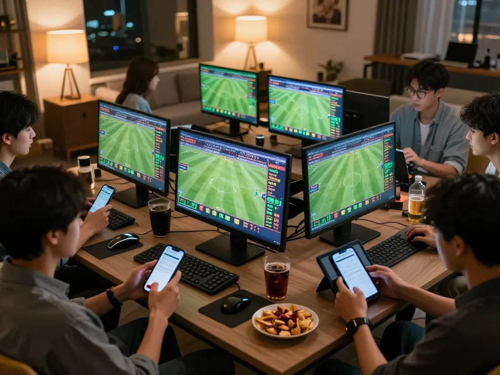 Betting on tỷ lệ kèo nhà cái hôm nay through multiple screens in a cozy living room setting