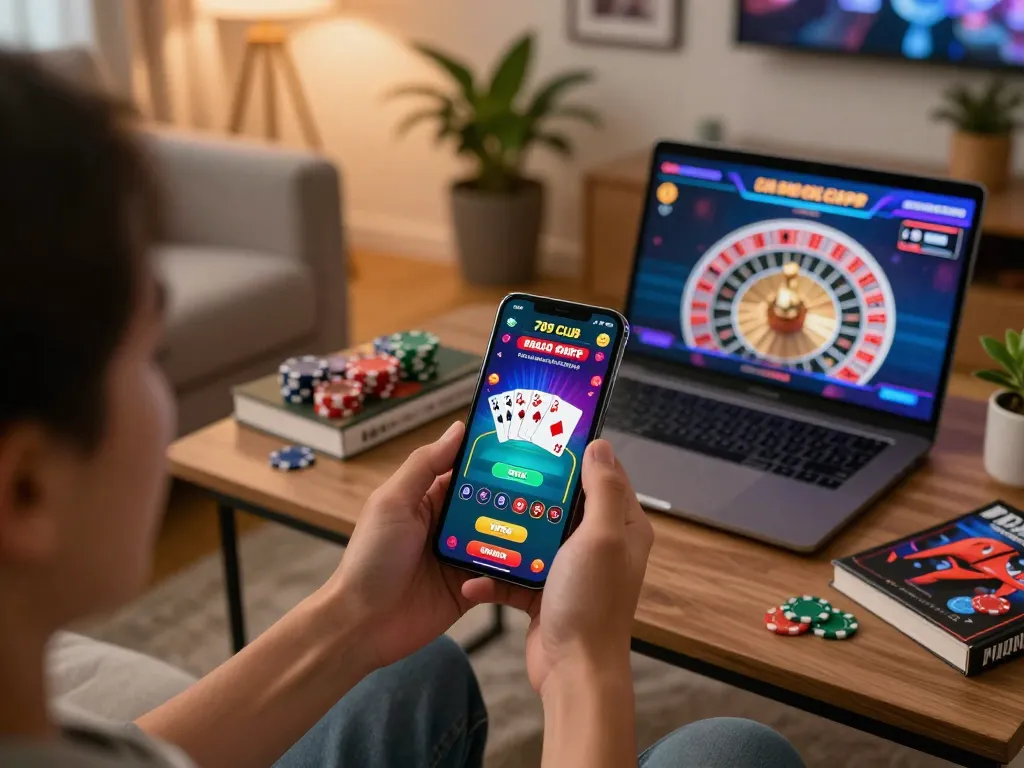 Playing on the 789 club app with poker cards and chips in a cozy gaming setup