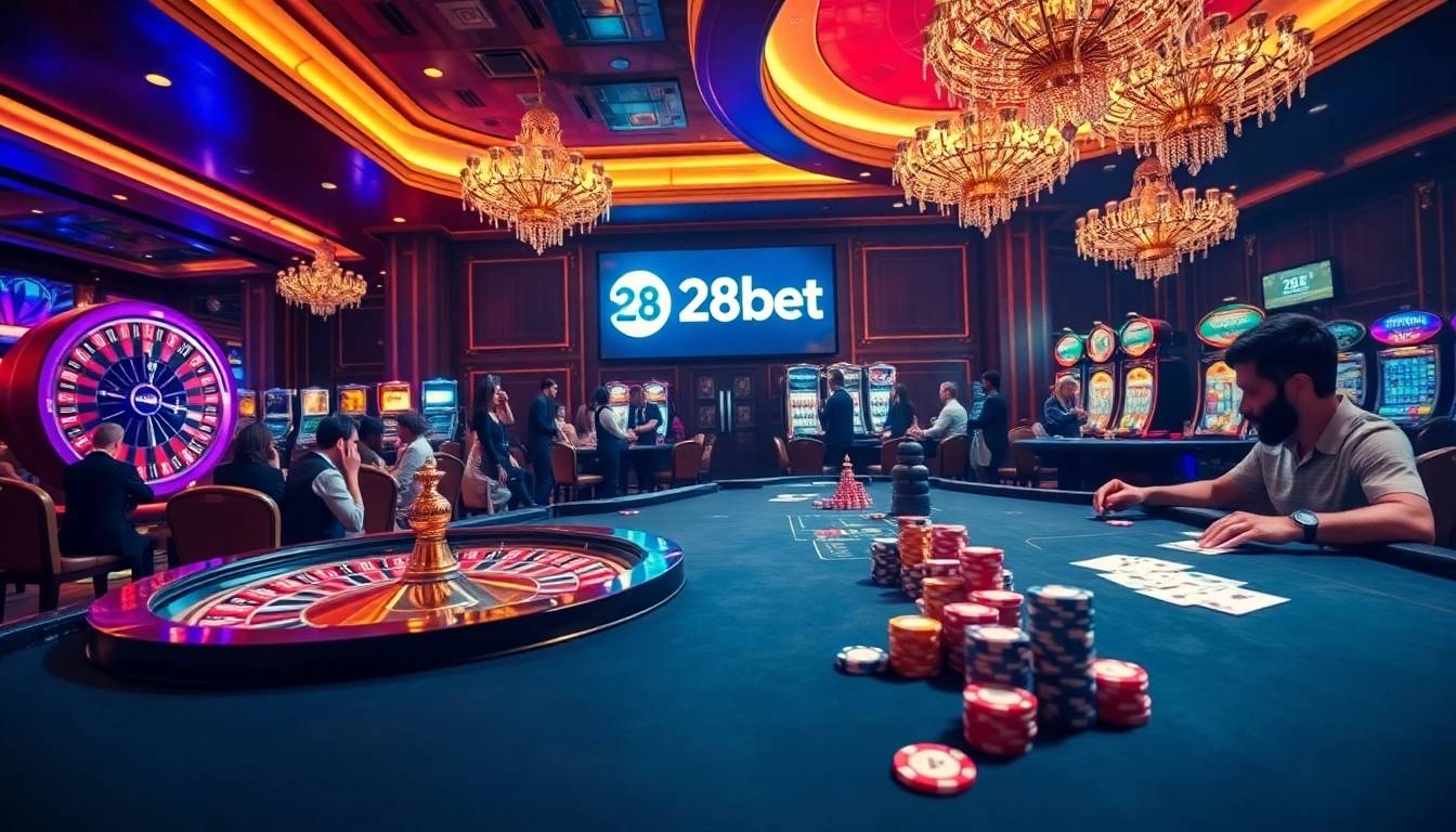 Experience the thrill of 28bet at a luxurious casino with vibrant tables and eager players.