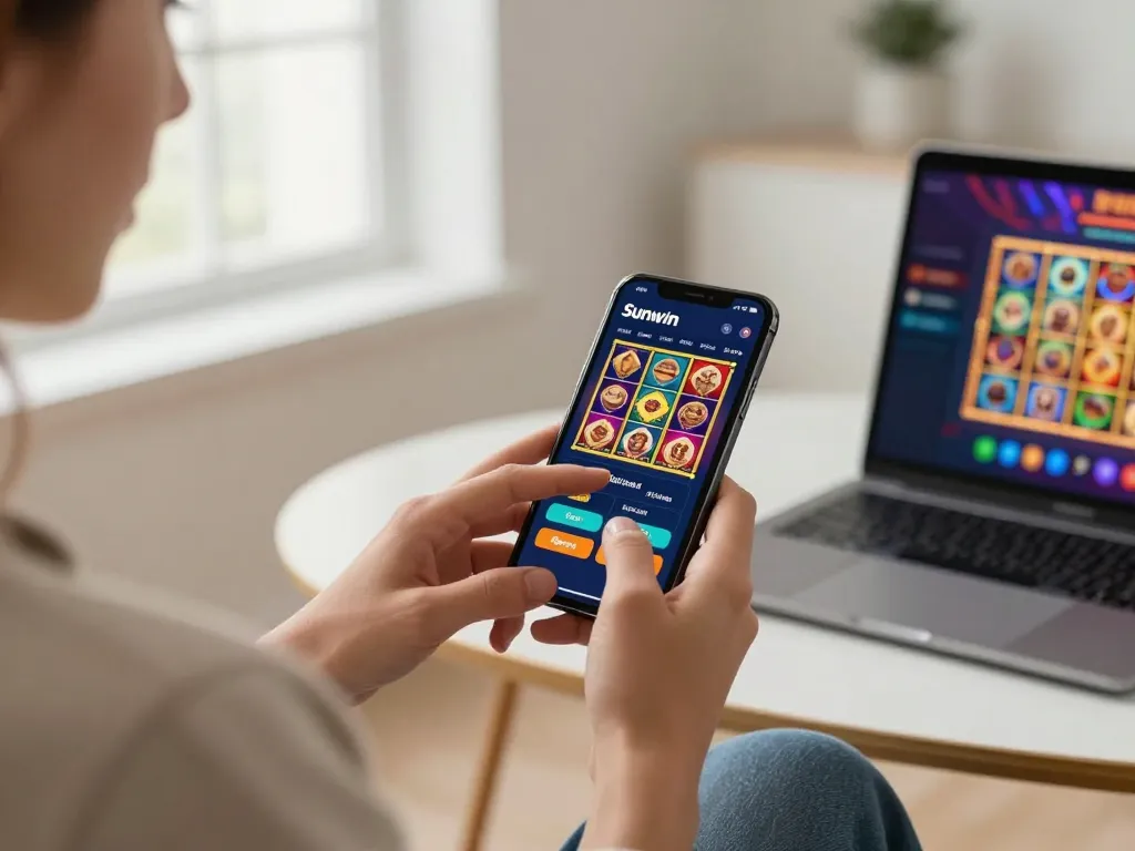 Player engaging with Sunwin's mobile casino app, showcasing colorful slots and betting excitement