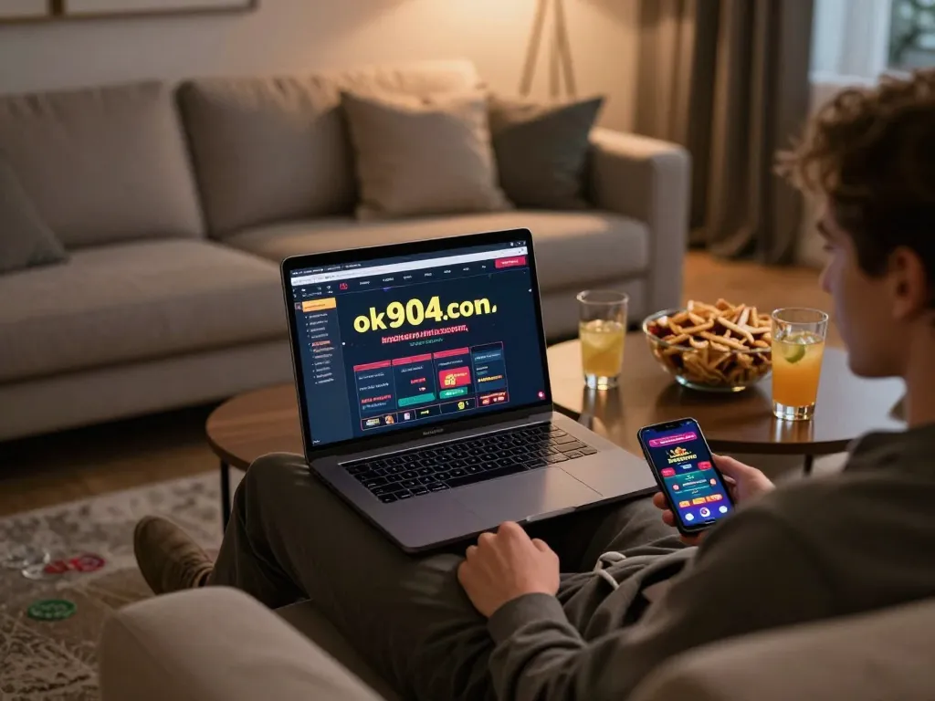 Engaging gameplay on https://ok904.com/ with a laptop and snacks in a cozy home setting.