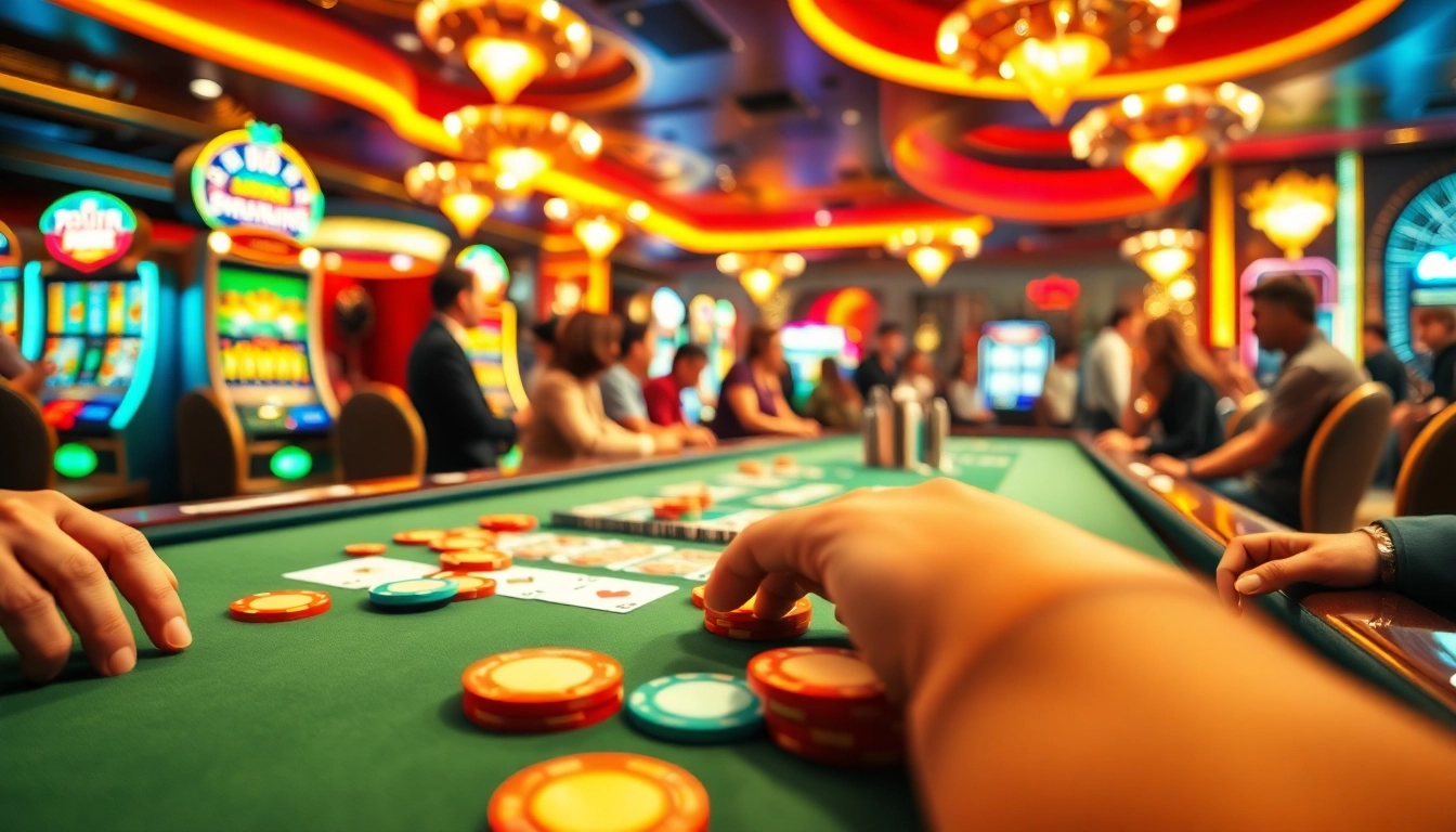 Spieler setzt Chips am Tisch von casinospielen.de in einem lebhaften Kasino, umgeben von Spannung.