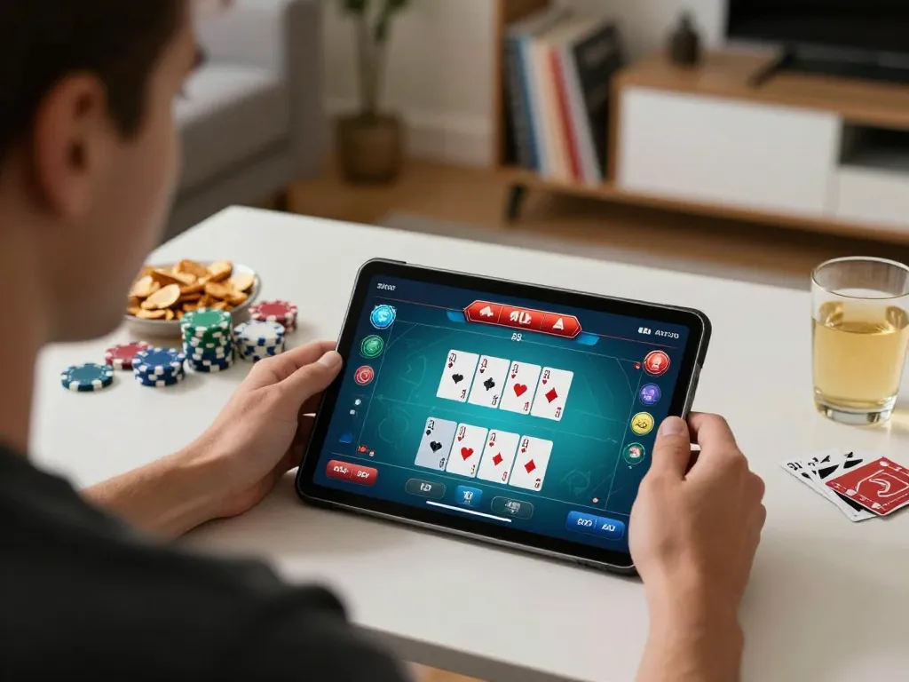 Player strategizing in ai88bet online poker game on tablet, cozy home setting.