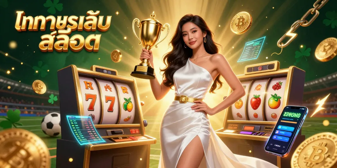 Engage in ทดลองเล่นสล็อต with vibrant slot machine elements and crypto details around a confident winner.