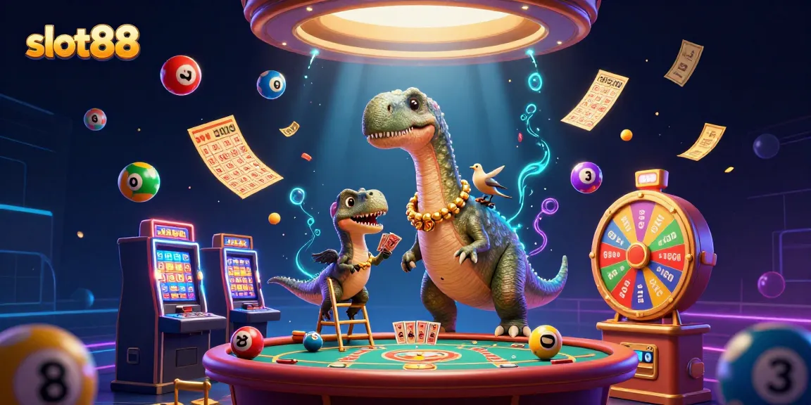 Spin the reels with slot88 as a brontosaurus surveys the casino scene, captivating gamer's excitement.