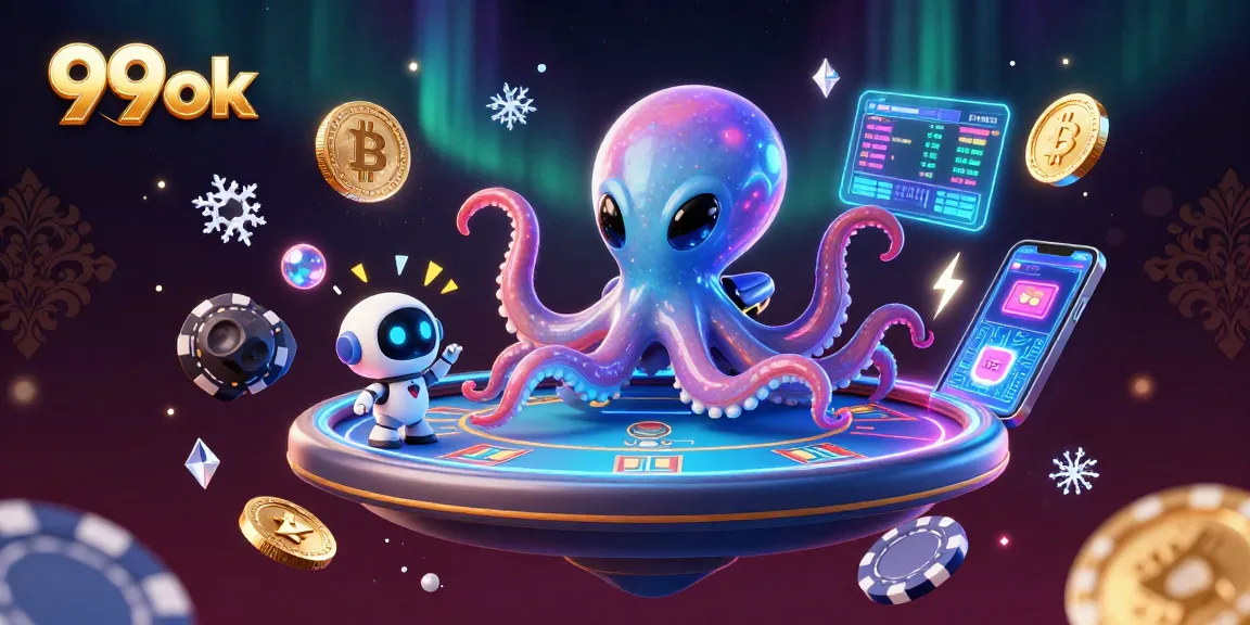 Engage with 99ok's vibrant casino scene featuring an alien octopus and crypto action.