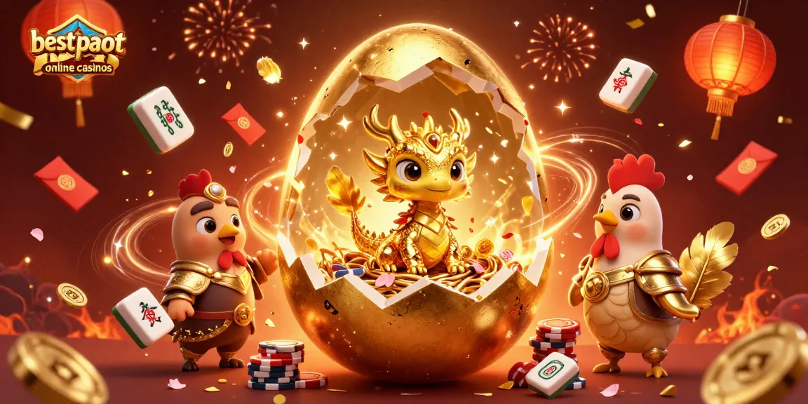 Engage with the best payout online casinos featuring a golden dragon, poker chips, and festive decorations.