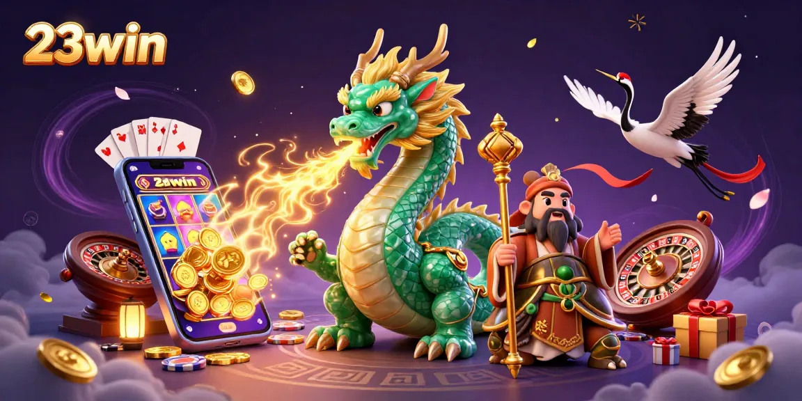 Engage with 23win’s thrilling slots featuring a jade dragon, lucky cranes, and vibrant casino elements.