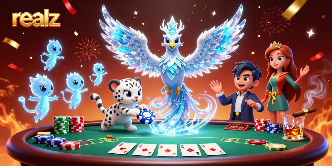 Experience the thrill of gaming at realz with a vibrant 3D casino scene featuring an ice phoenix and poker chips.