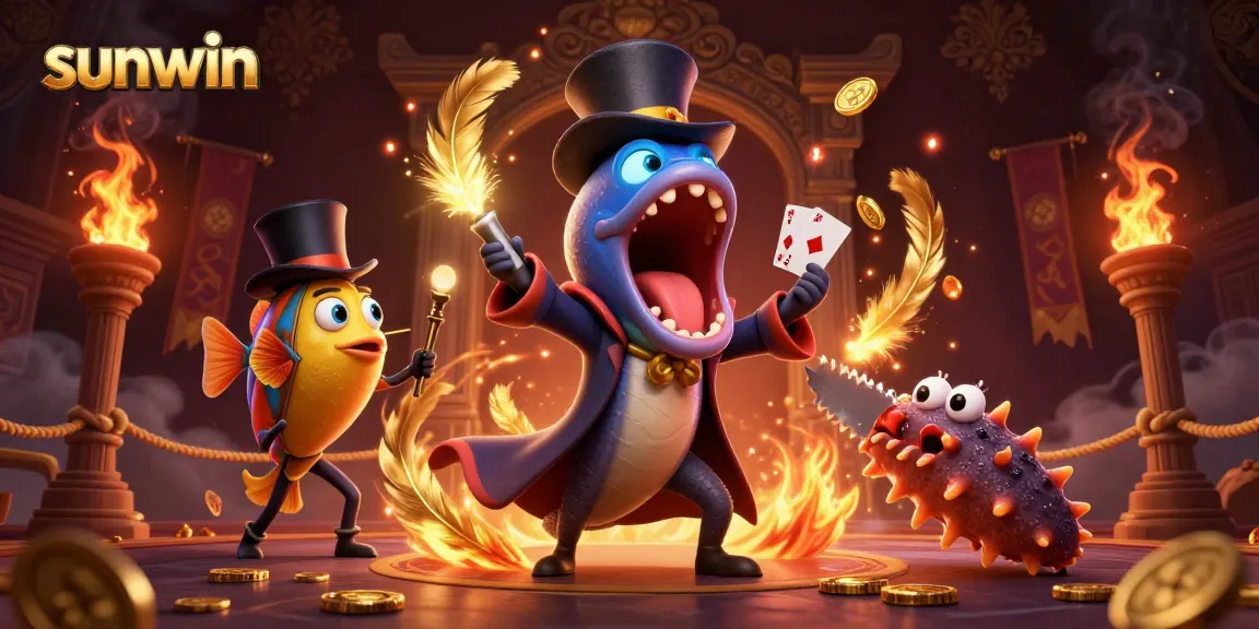 Engage with sunwin through thrilling card tricks by a bioluminescent eel in a vibrant casino scene.