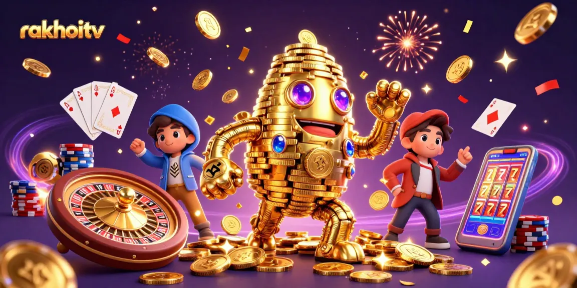 Experience the dynamic thrill of rakhoitv with a vibrant illustration capturing a casino golem amidst cascading coins and lively game elements.