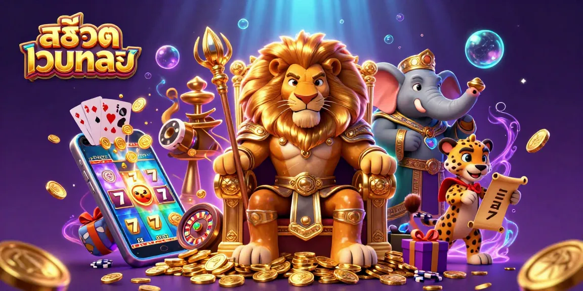 Engage in สล็อตเว็บตรง slot gaming with a dynamic scene featuring a lion king, elephant advisor, and cheetah messenger.